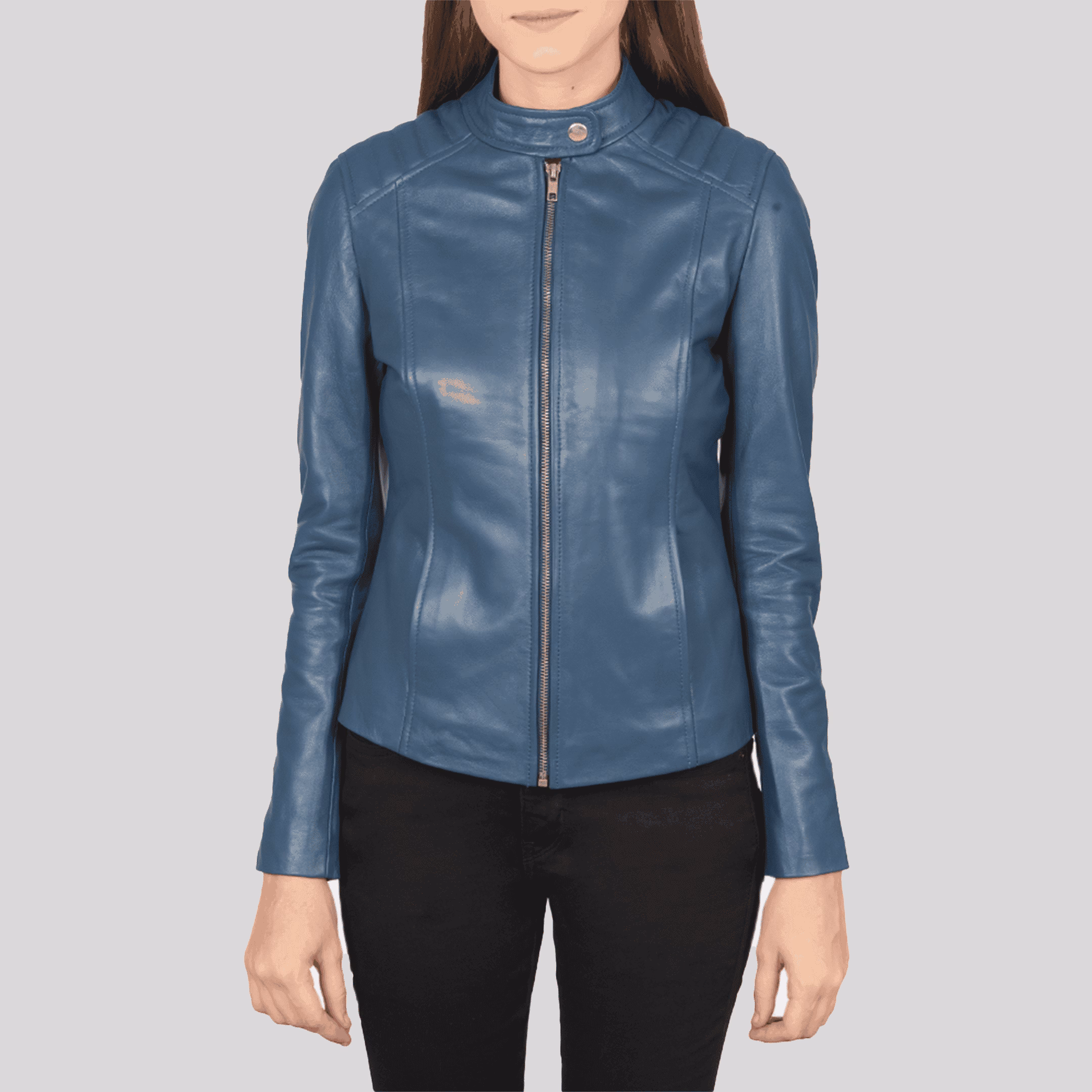 Kelsee Blue Leather Biker Jacket
